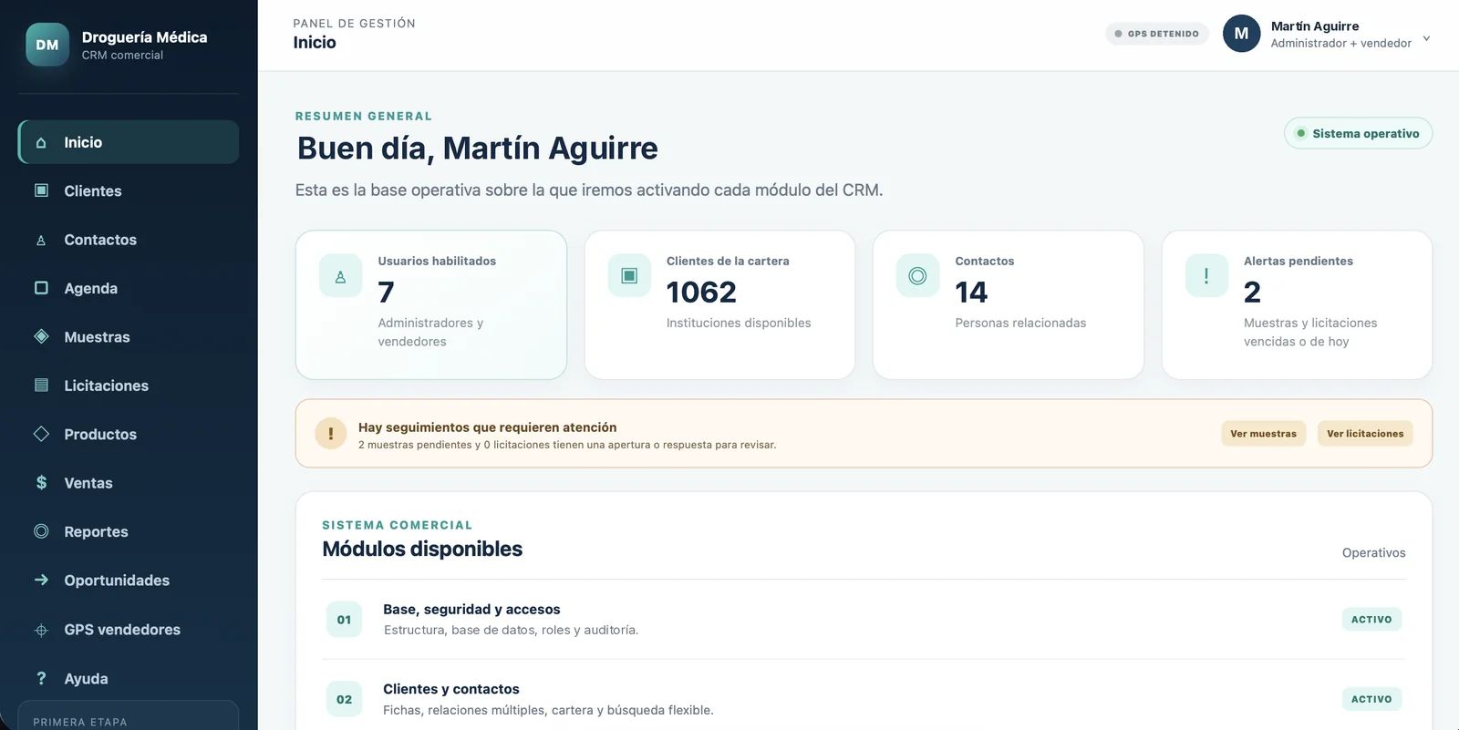 Panel de inicio del CRM con indicadores de cartera, contactos y alertas pendientes