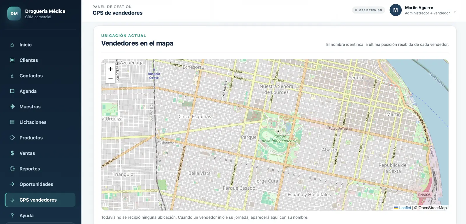 Mapa con la ubicación en tiempo real de los vendedores del CRM