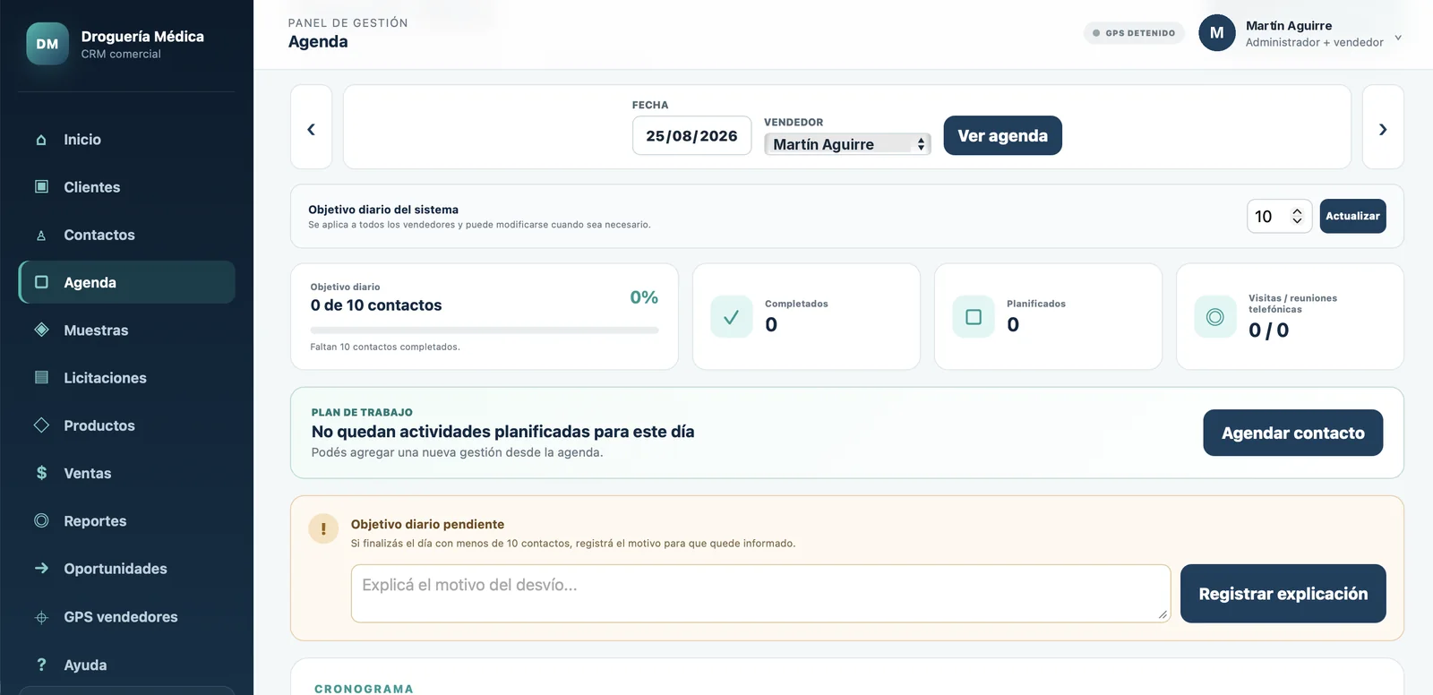 Agenda diaria del vendedor con objetivo de contactos y plan de trabajo