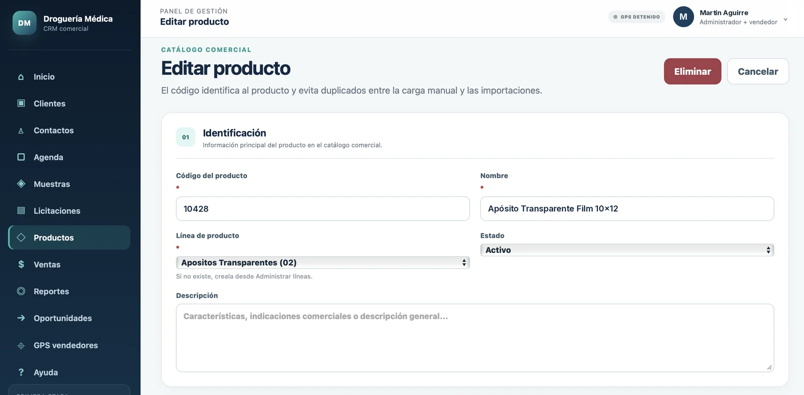 Formulario de edición de producto del catálogo comercial del CRM