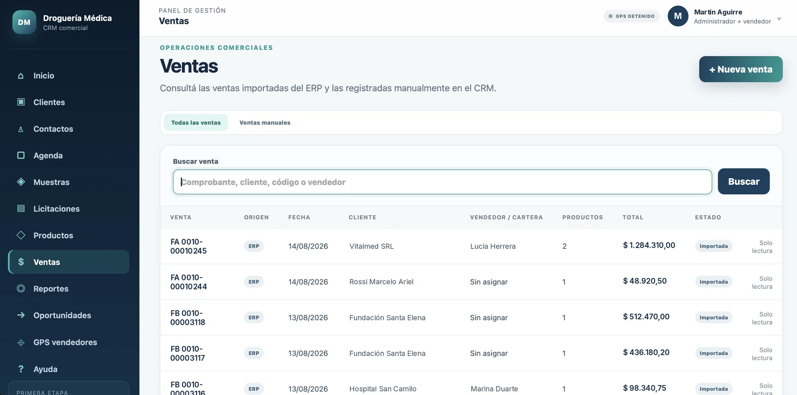 Listado de ventas del CRM con las operaciones importadas desde el ERP